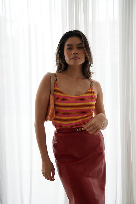 Celine Red Leather Pencil Skirt w Gold Chain Waist Detail