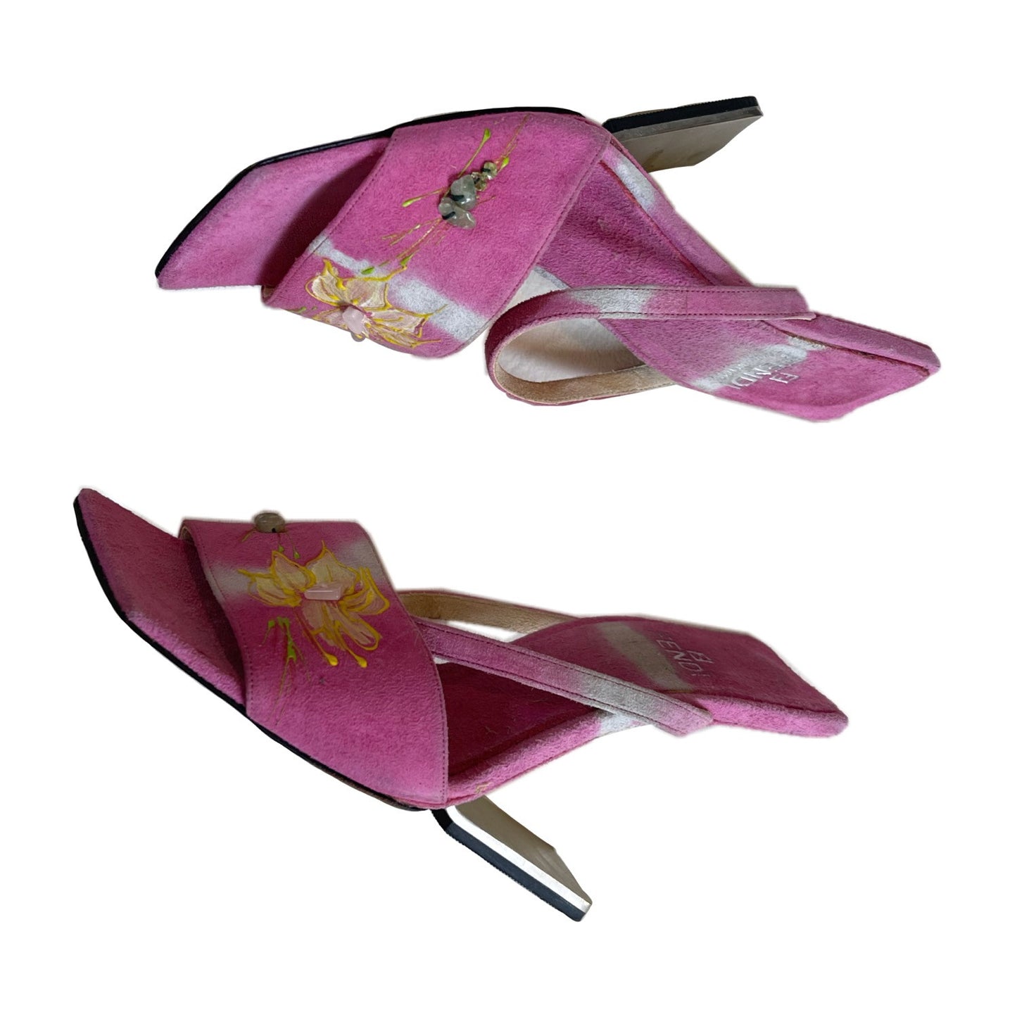 Fendi Pink Floral Beaded Suede Irregular Heel