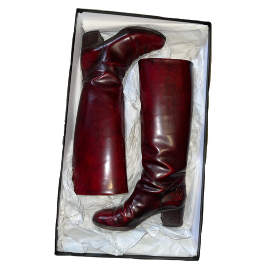 Chanel Oxblood Knee High CC Logo Leather boots