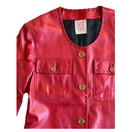 Loewe Red Leather Gold Button Logo Jacket