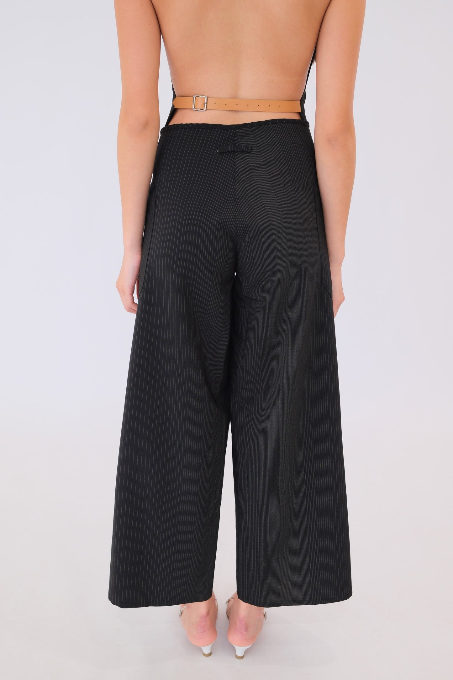 Jean Paul Gaultier Pinstripe Halterneck Leather Belt Wrap Jumpsuit W Split Leg