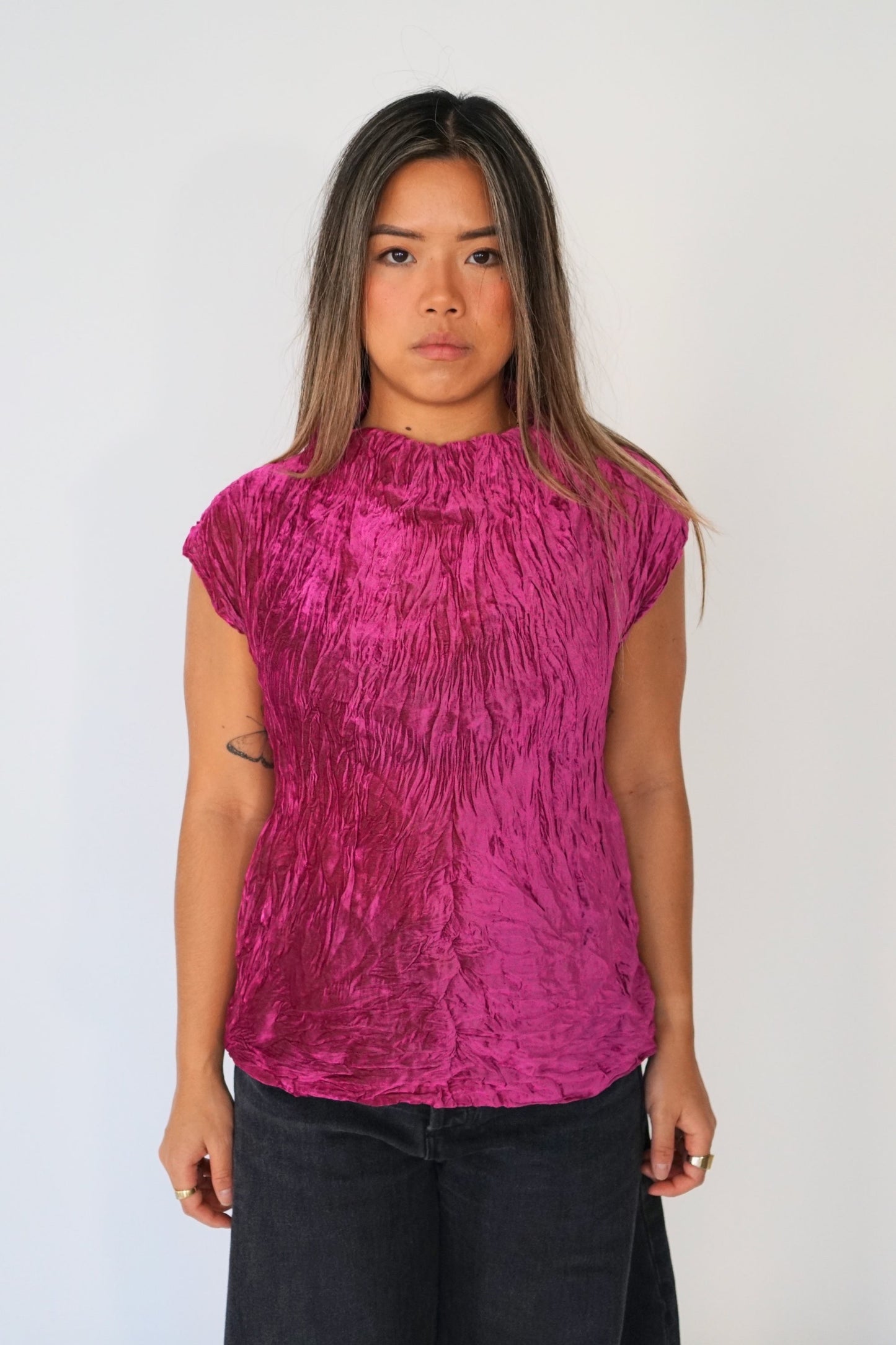 Issey Miyake Velour Wrinkle Turtleneck Sless Top