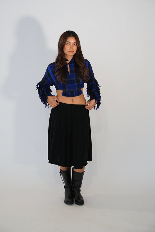 Facetasm Plaid Keyhole Cropped Top w Fringed Sleeves