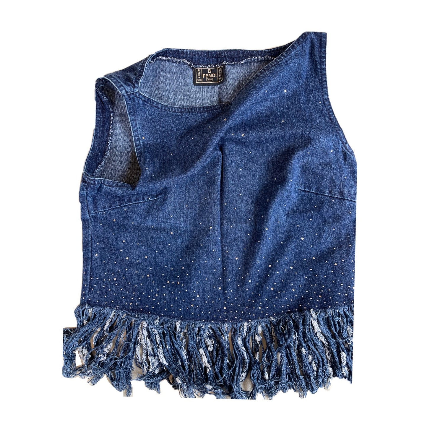Fendi Chambray Denim Rhinestone Fray Hem Top/Skirt Set