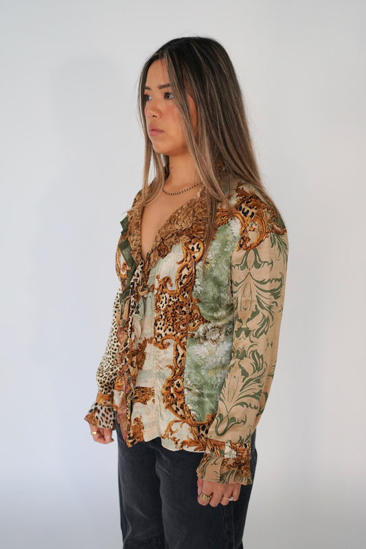 Roberto Cavalli Multi Print Ruffle LS Blouse w Tie