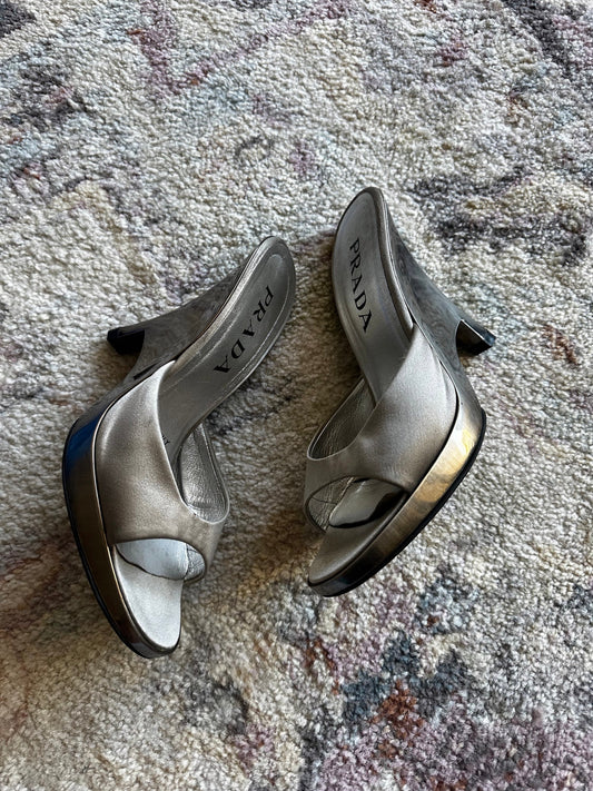Prada Silver Wedge Sandal Heels