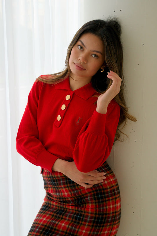 Yves Saint Laurent Logo Gold 1/2 Button Down LS Knit