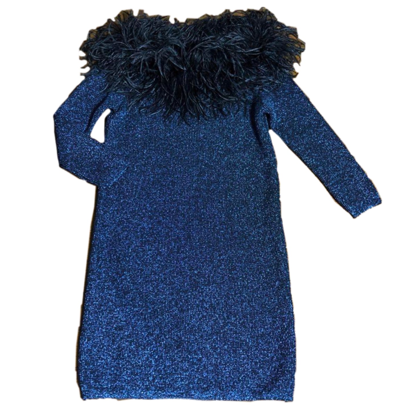 Yves Saint Laurent Knit Glitter LS Feather Neckline Mini Dress