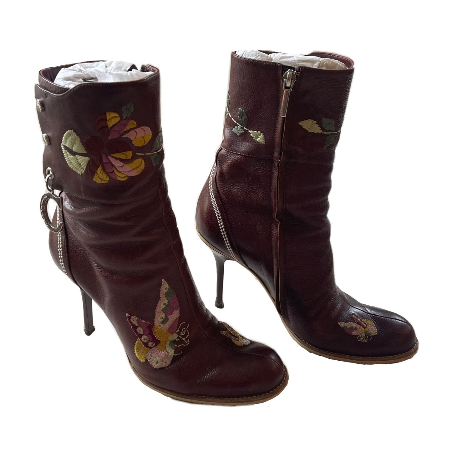 Christian Dior Leather Floral Butterfly CD Logo Ankle Boots