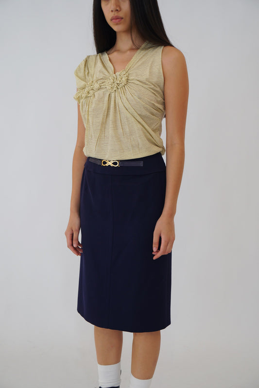 Celine Navy Pencil Skirt W Gold Buckle & Leather Detailing