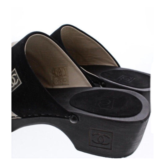 Chanel Beige Black Wooden Suede Clogs Mules
