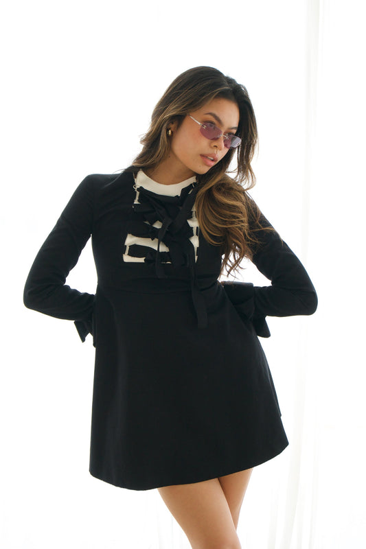 Yves Saint Laurent Lace Up Zip LS Flare Babydoll Dress