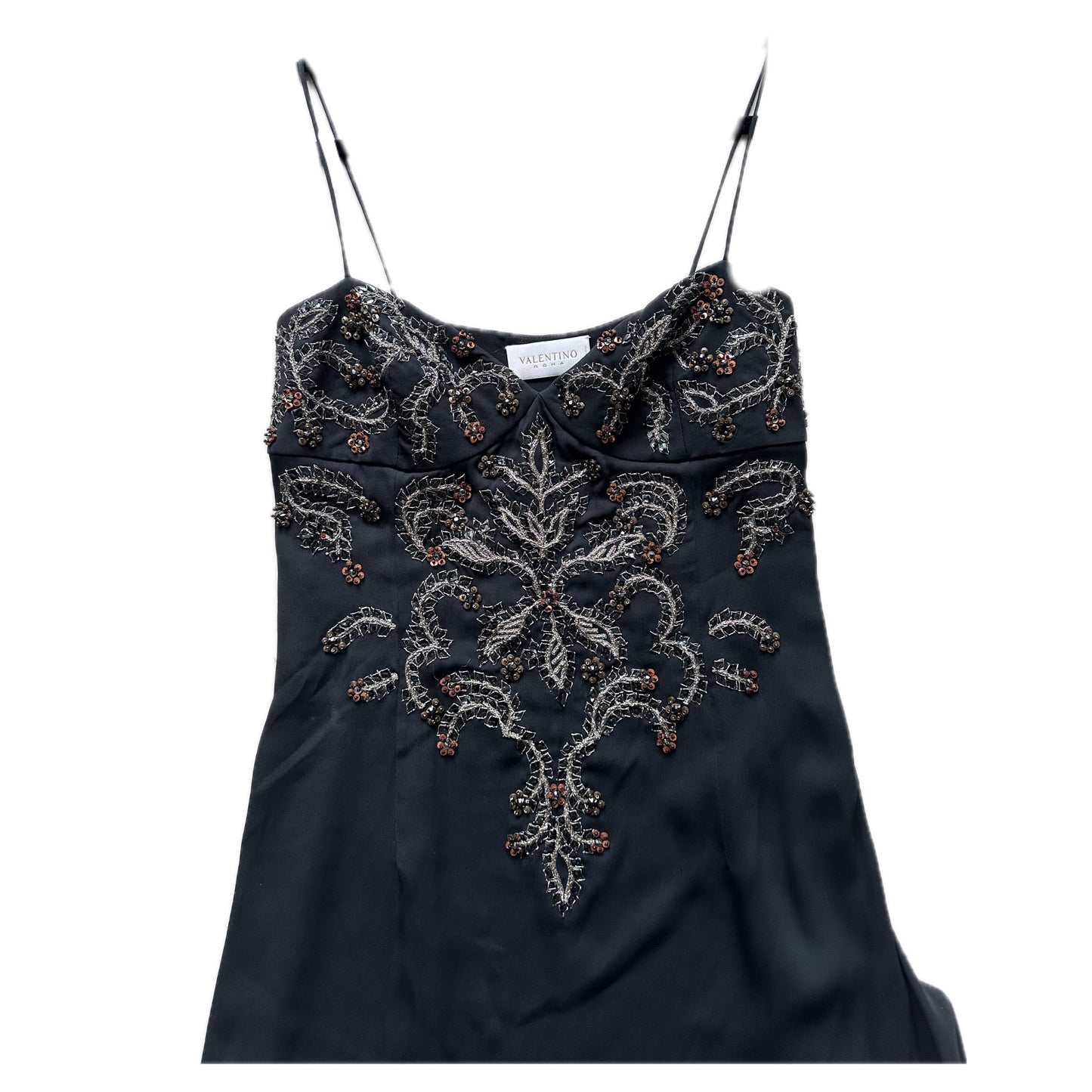Valentino Embellished Sequin Beaded Chest Spaghetti Strap Maxi Evening Gown Dres