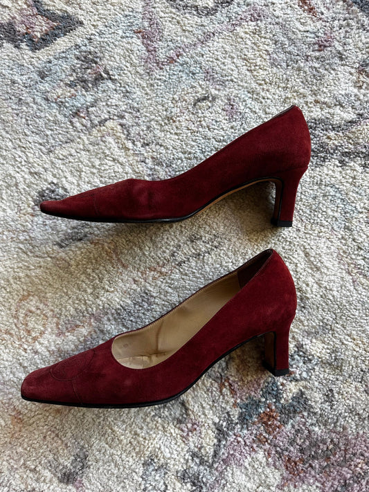 Chanel Red Suede CC Logo Square Toe Heels