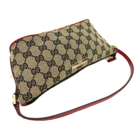 Gucci Monogram Canvas Red Leather Trim Pouchette Handbag