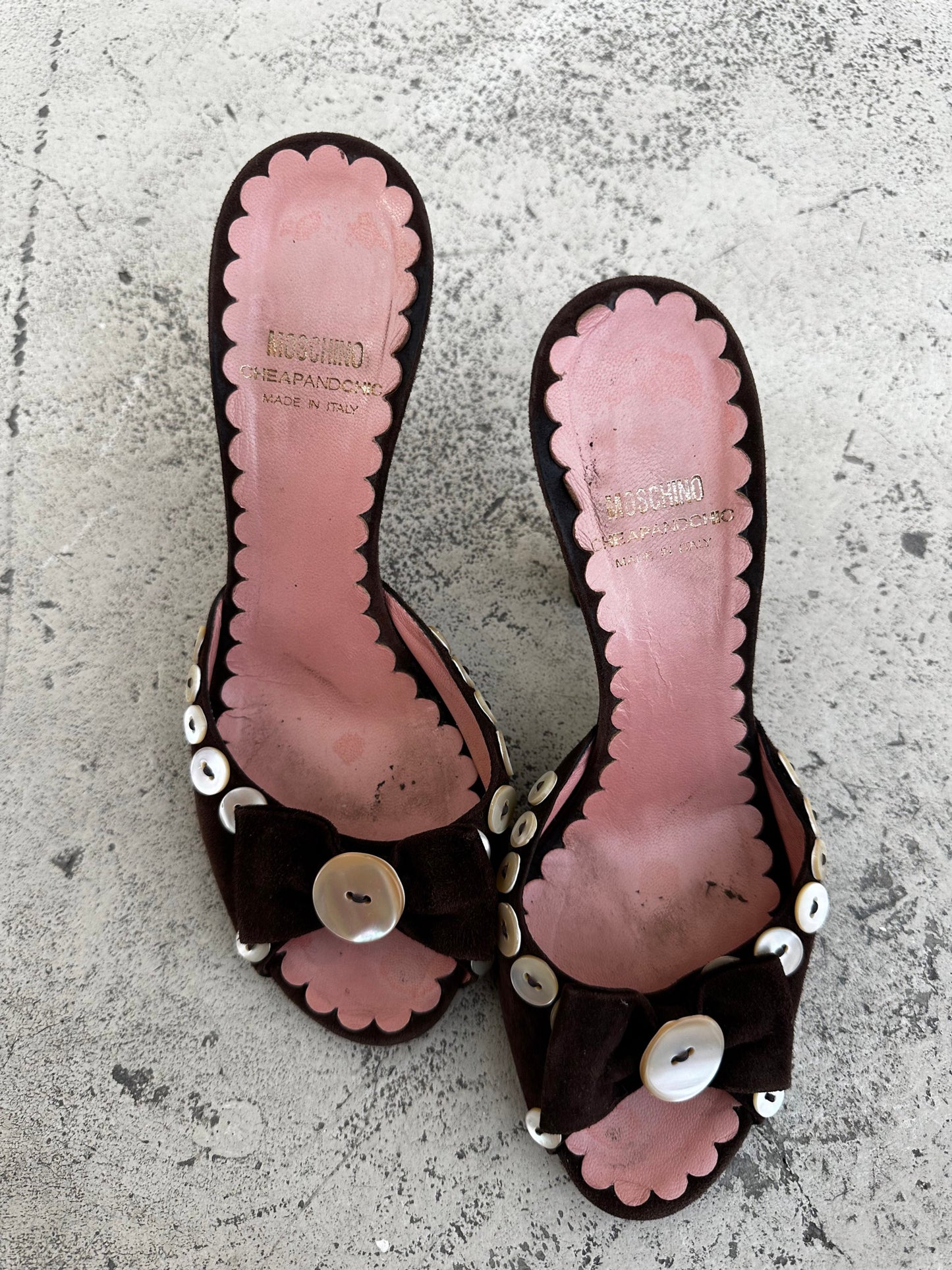 Moschino Cheap and Chic Brown Suede Button Heels
