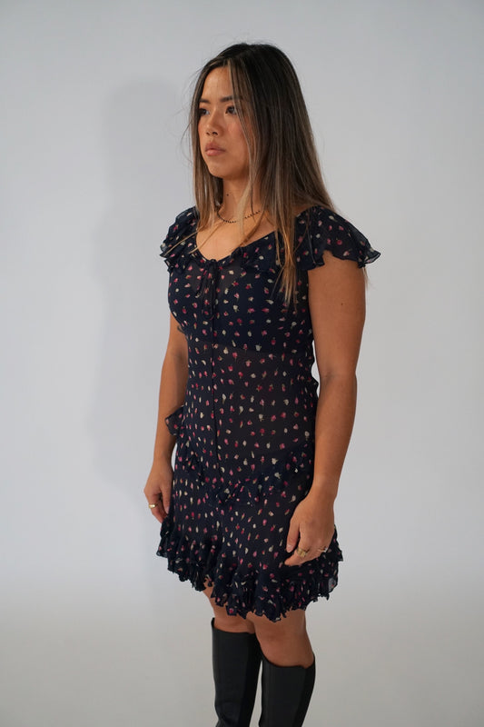 Moschino Cheap And Chic Floral Sheer Chiffon Frill Layered Midi Dress