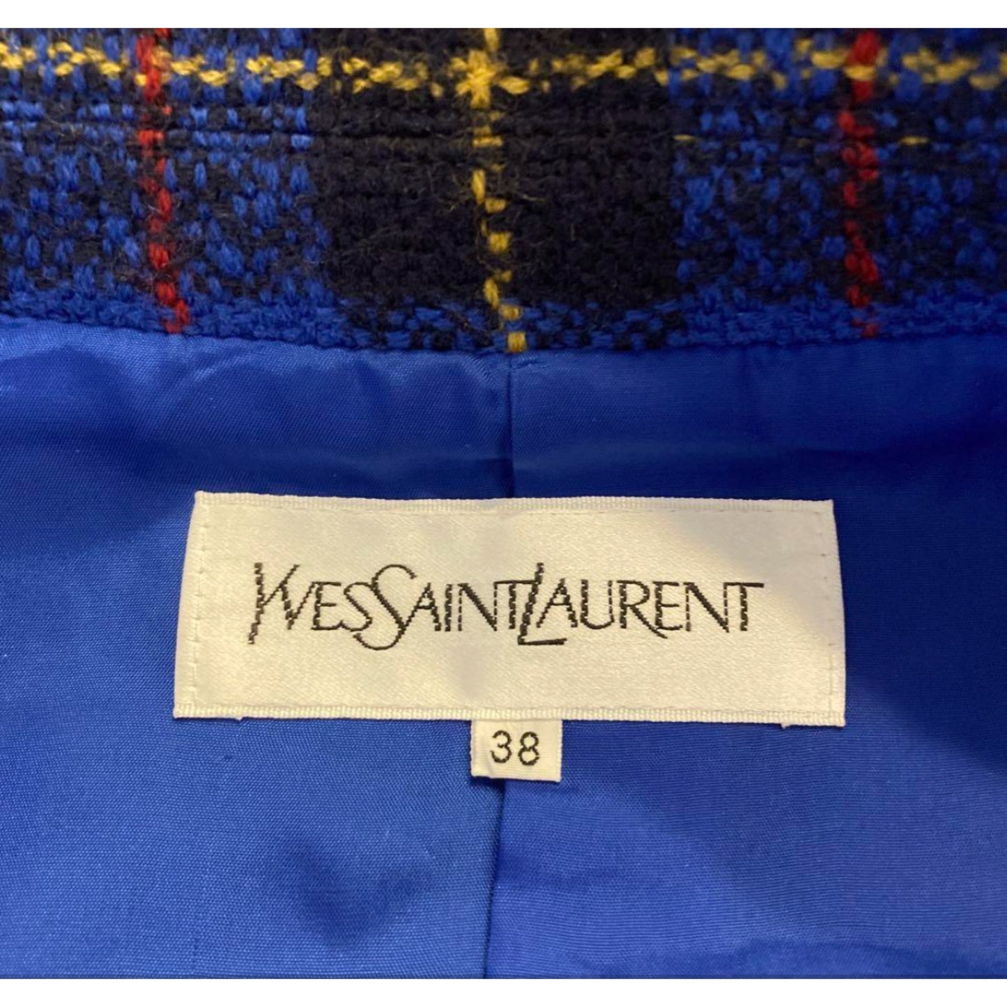 Yves Saint Laurent Checkered Pocket Zip Down Tweed Wool Jacket
