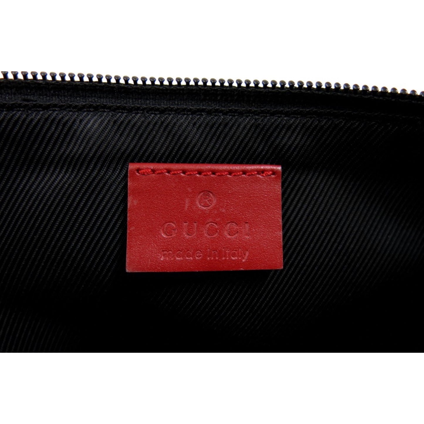 Gucci Monogram Canvas Red Leather Trim Pouchette Handbag