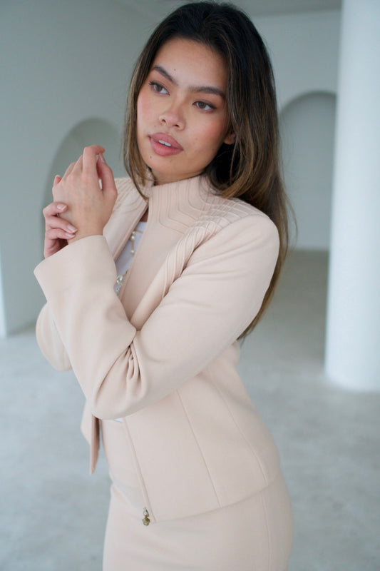 Versace Embroidered Framing Mock Neck Shoulder Zip Jacket Skirt Two Piece Set