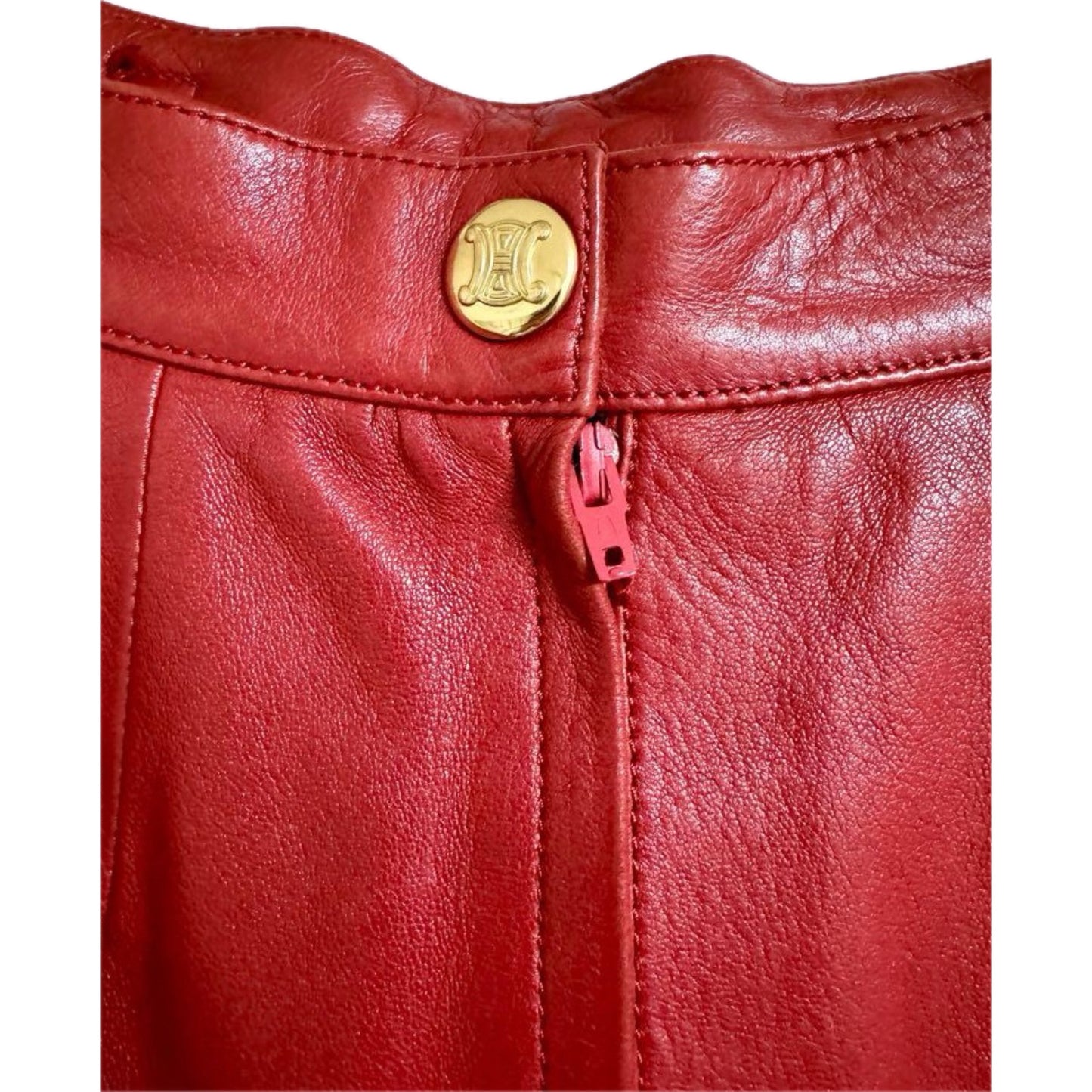 Celine Red Leather Pencil Skirt w Gold Chain Waist Detail