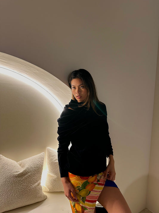 Comme Des Garcons Navy Velour Fold Over Mock Neck LS Top