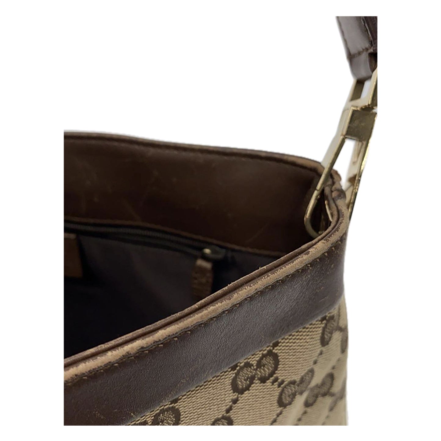 Gucci Monogram Canvas Leather Trim Strap Handbag