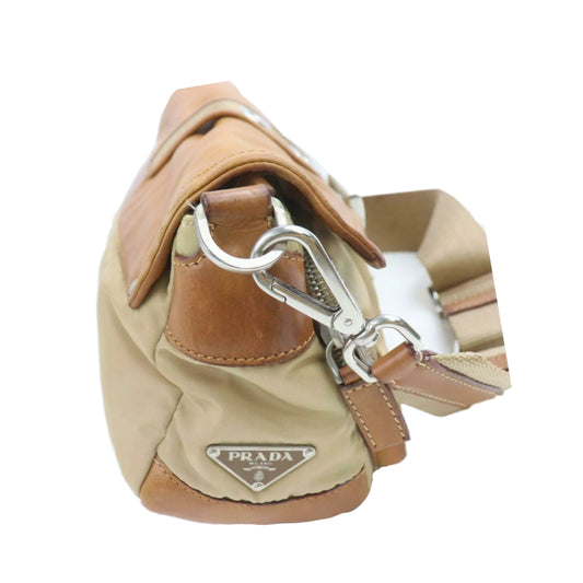 Prada Beige/Brown Nylon/Leather Buckle Handbag