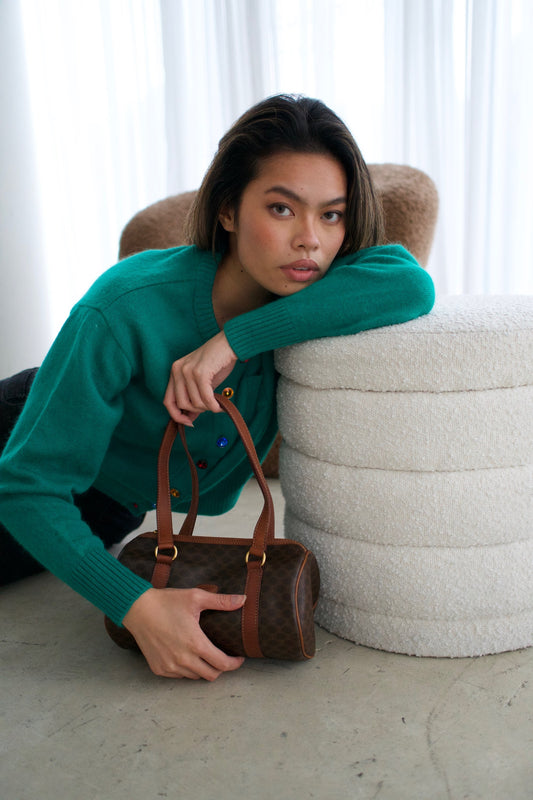 Yves Saint Laurent Green Button Down Gemstone Logo Cardigan