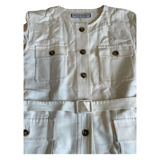 Yves Saint Laurent Linen Button Down Collarless BeltedBlazer Skirt Set Two Piece