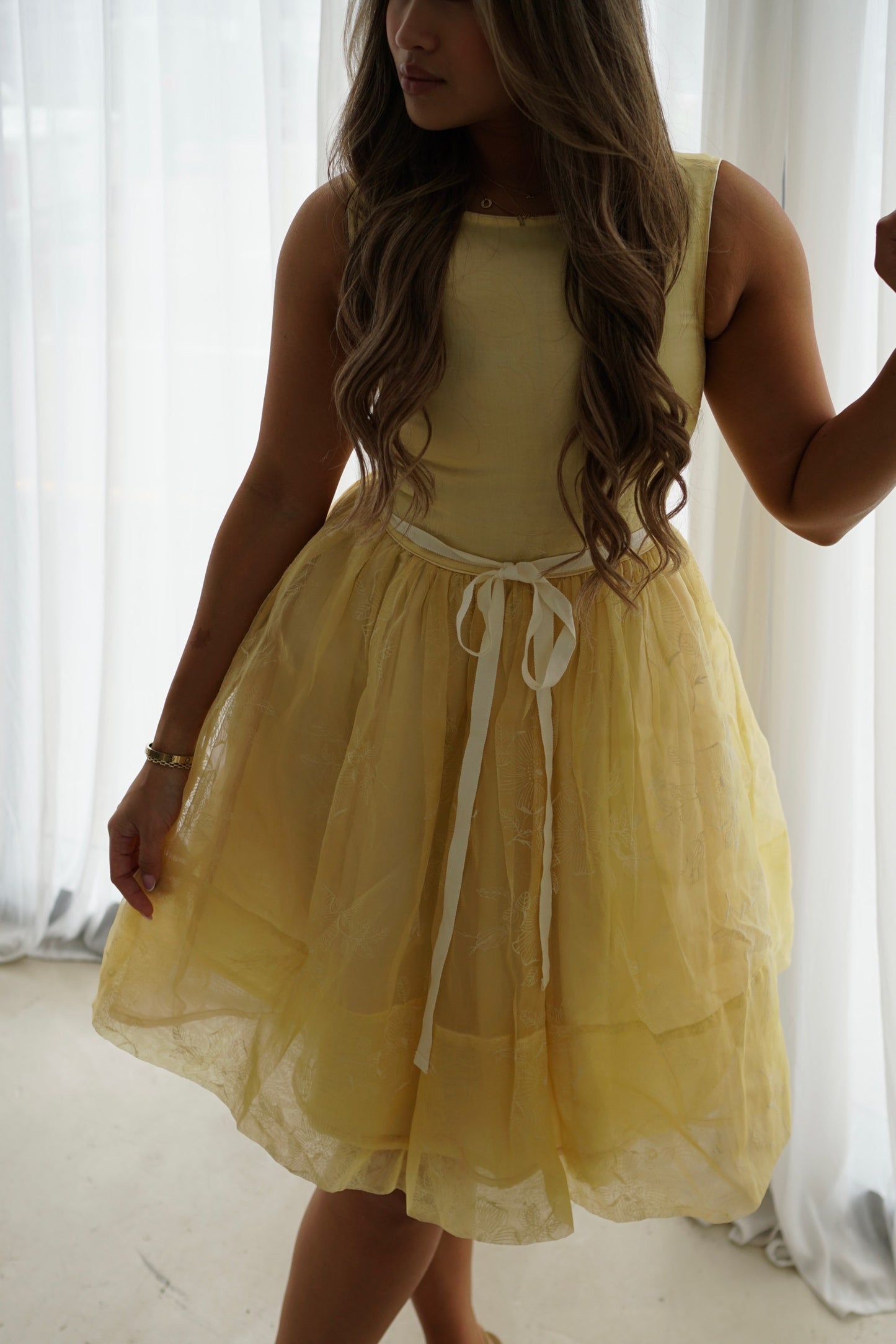 Red Valentino Yellow Tulle Babydoll Floral Sless Dress