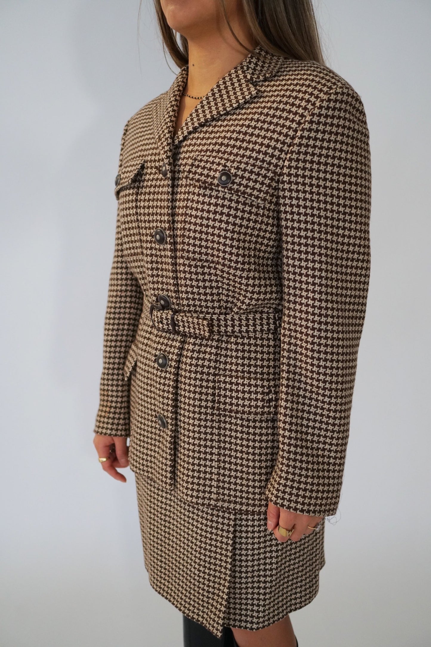 Versace Houndstooth Wool Belted Pocket Blazer Skirt Two Piece Suit Set