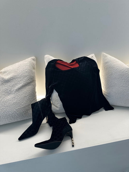 Gucci Velvet Monogram Ankle Boots W Metal Bamboo Heel Detail