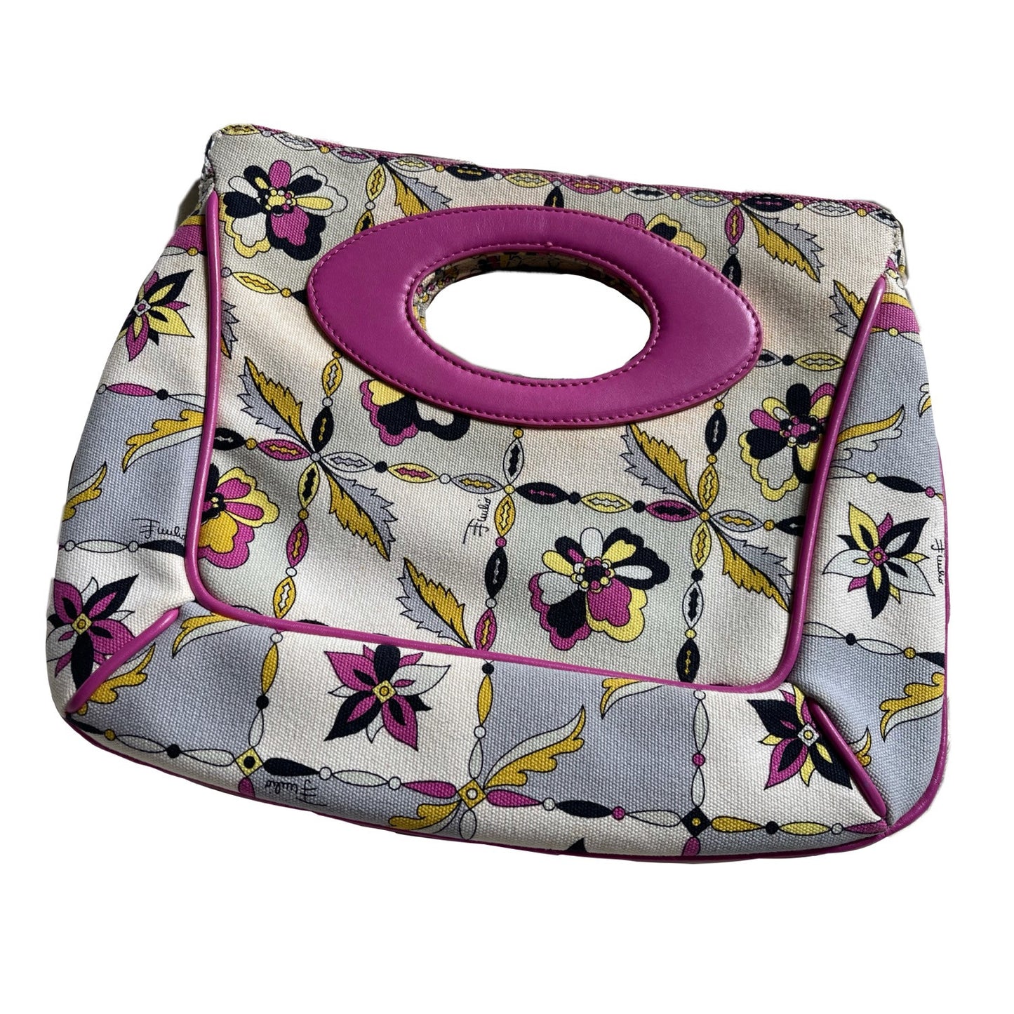 Emilio Pucci Canvas Multi Print Leather Trim Handle Clutch