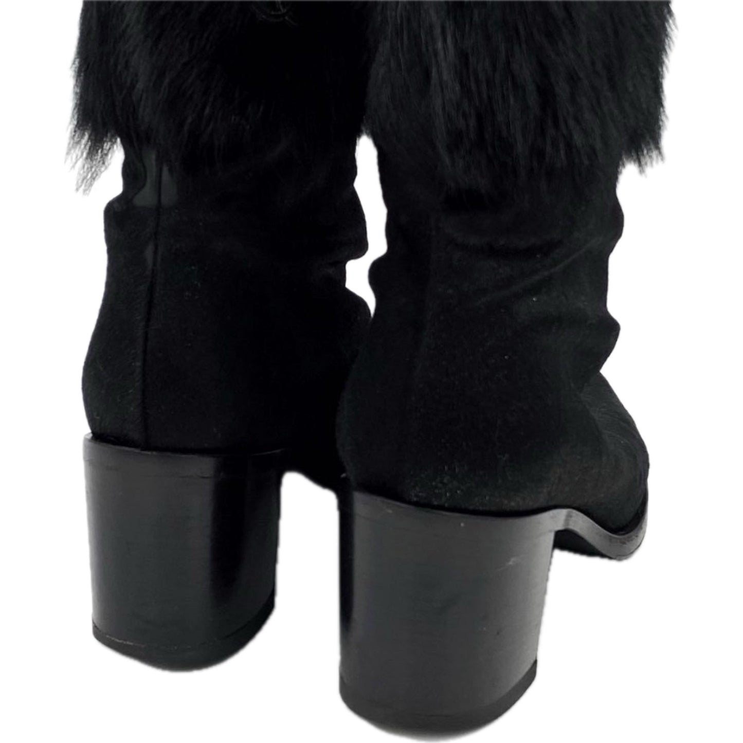Chanel Fur Knee High Heel Boots W Logo Sz 37.5