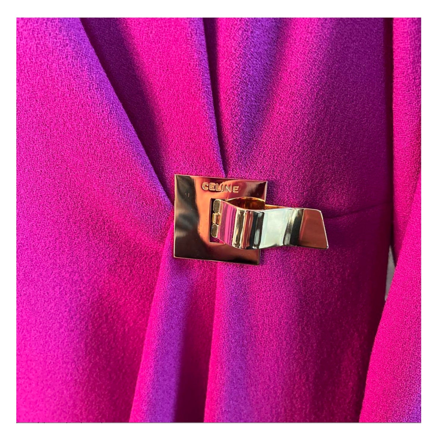 Celine 3/4 Sleeve Fuschia Pink LS Shift Dress w Gold Metal Buckle