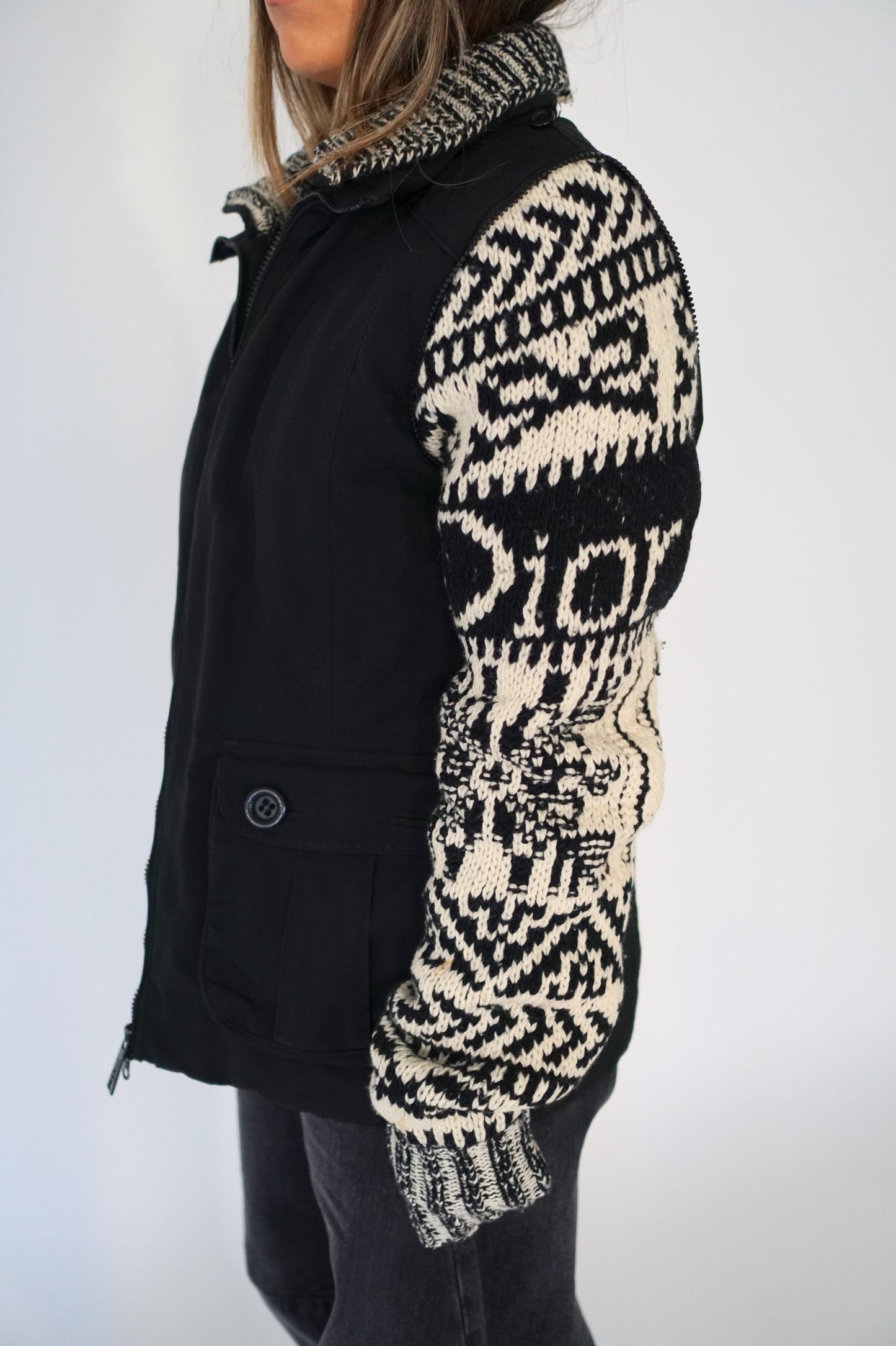 Christian Dior Tactical Utility Zip Jacket w Logo Wool Knit Sleeves