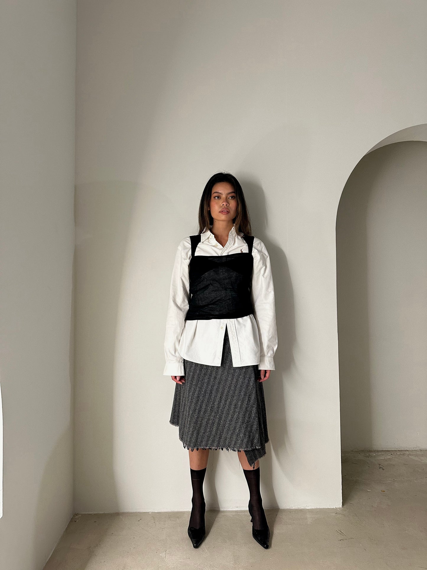 Tricot Comme Des Garcons Stripe Wool Raw Zipper Midi Skirt
