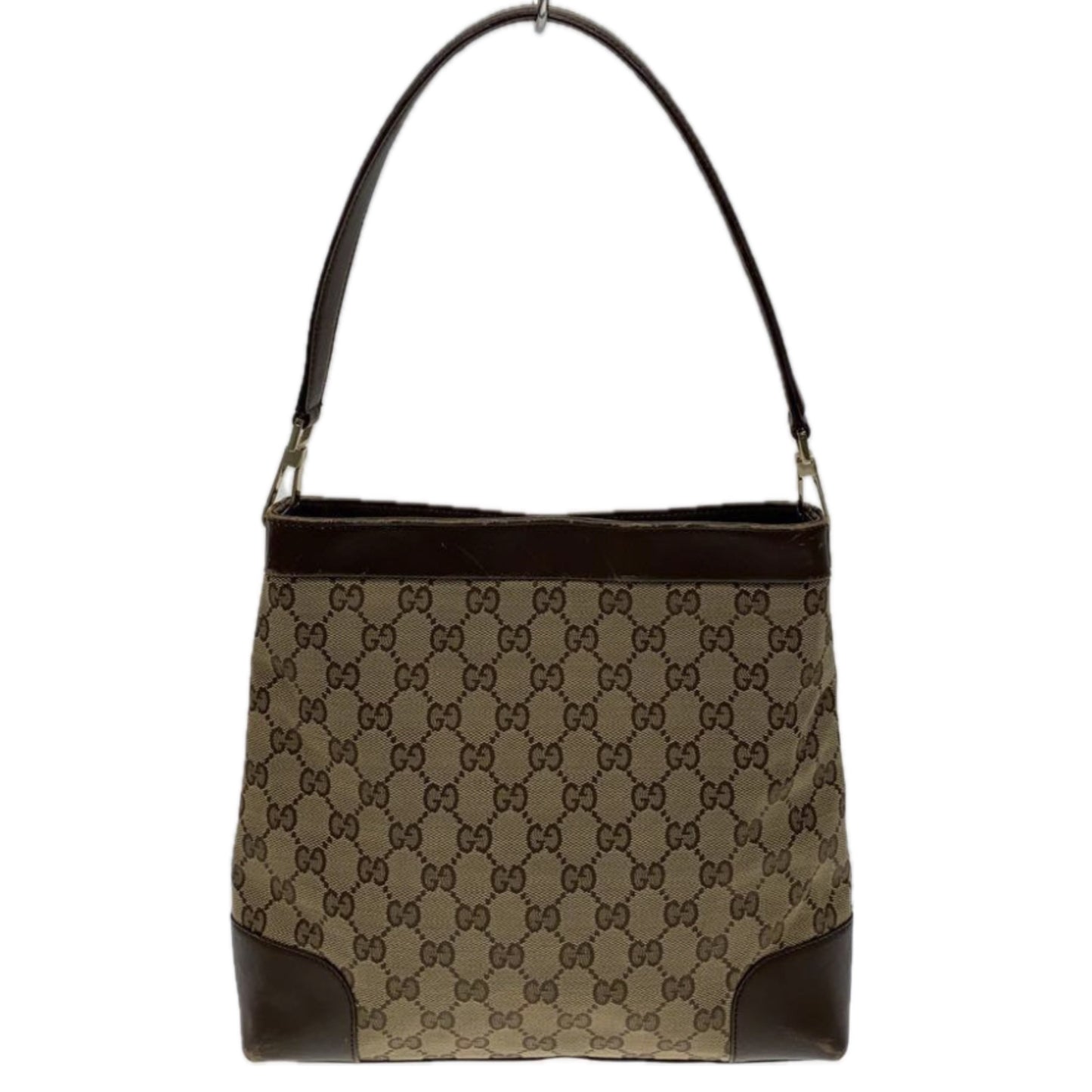 Gucci Monogram Canvas Leather Trim Strap Handbag