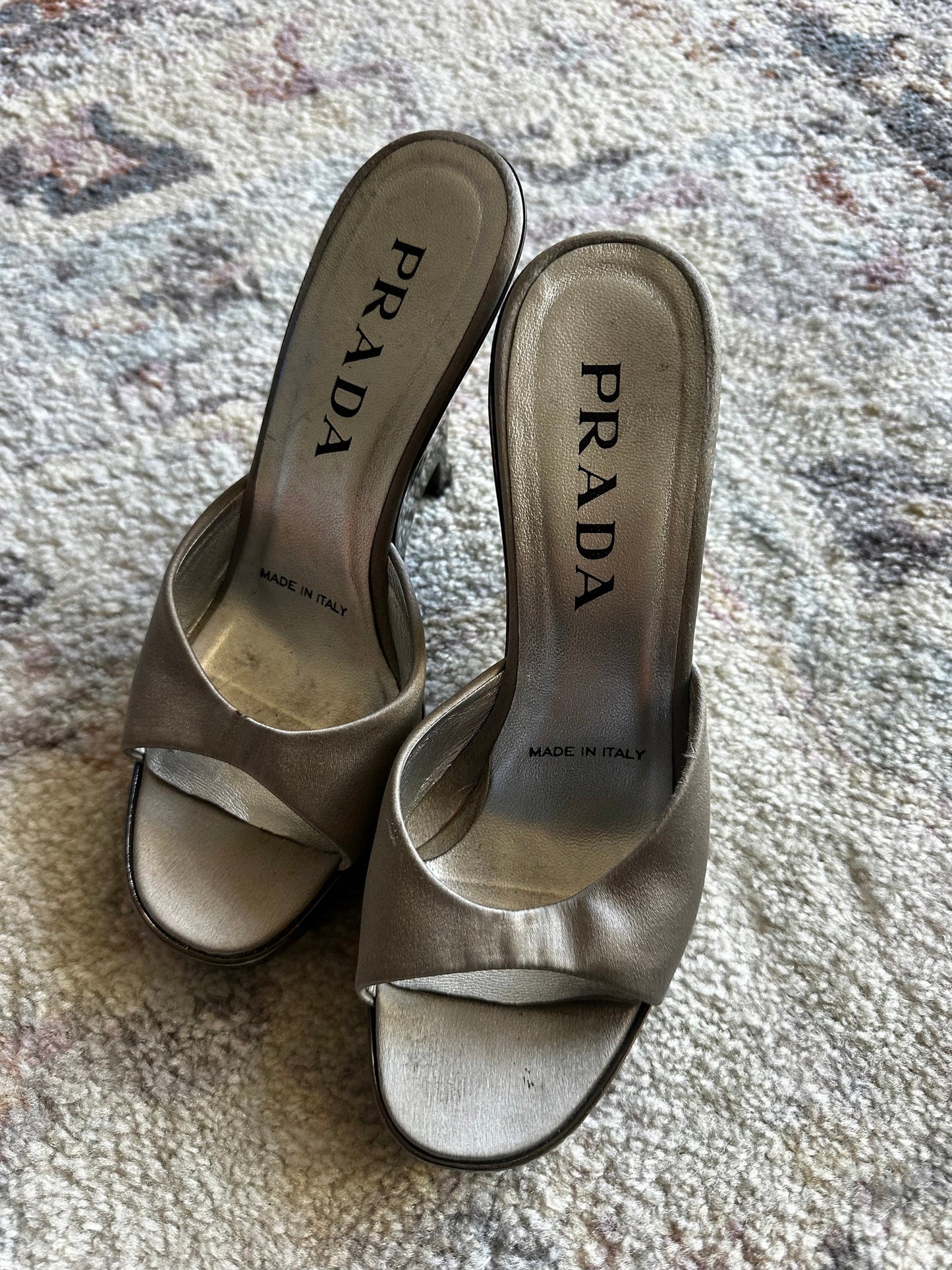Prada Silver Wedge Sandal Heels