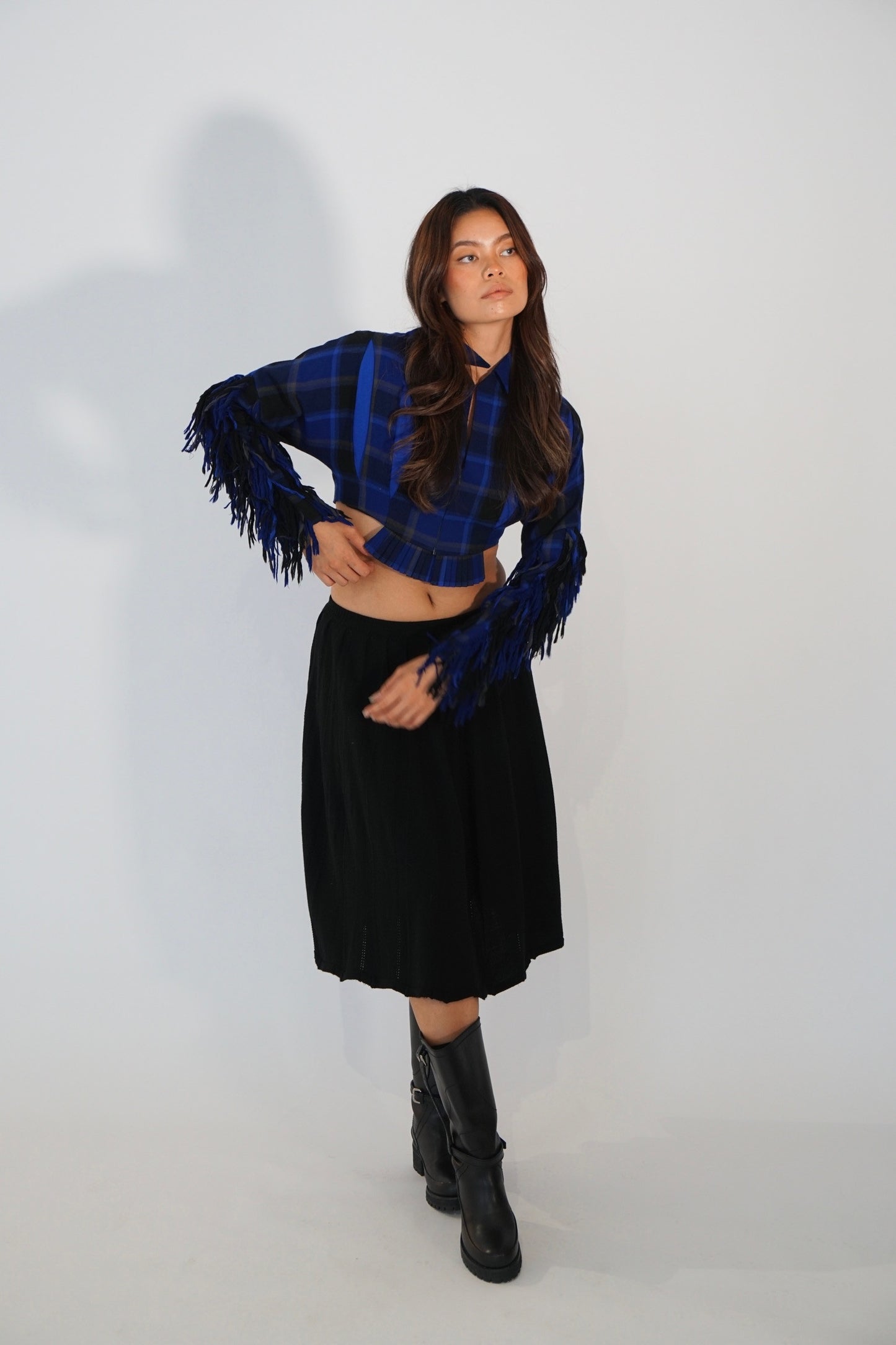 Facetasm Plaid Keyhole Cropped Top w Fringed Sleeves