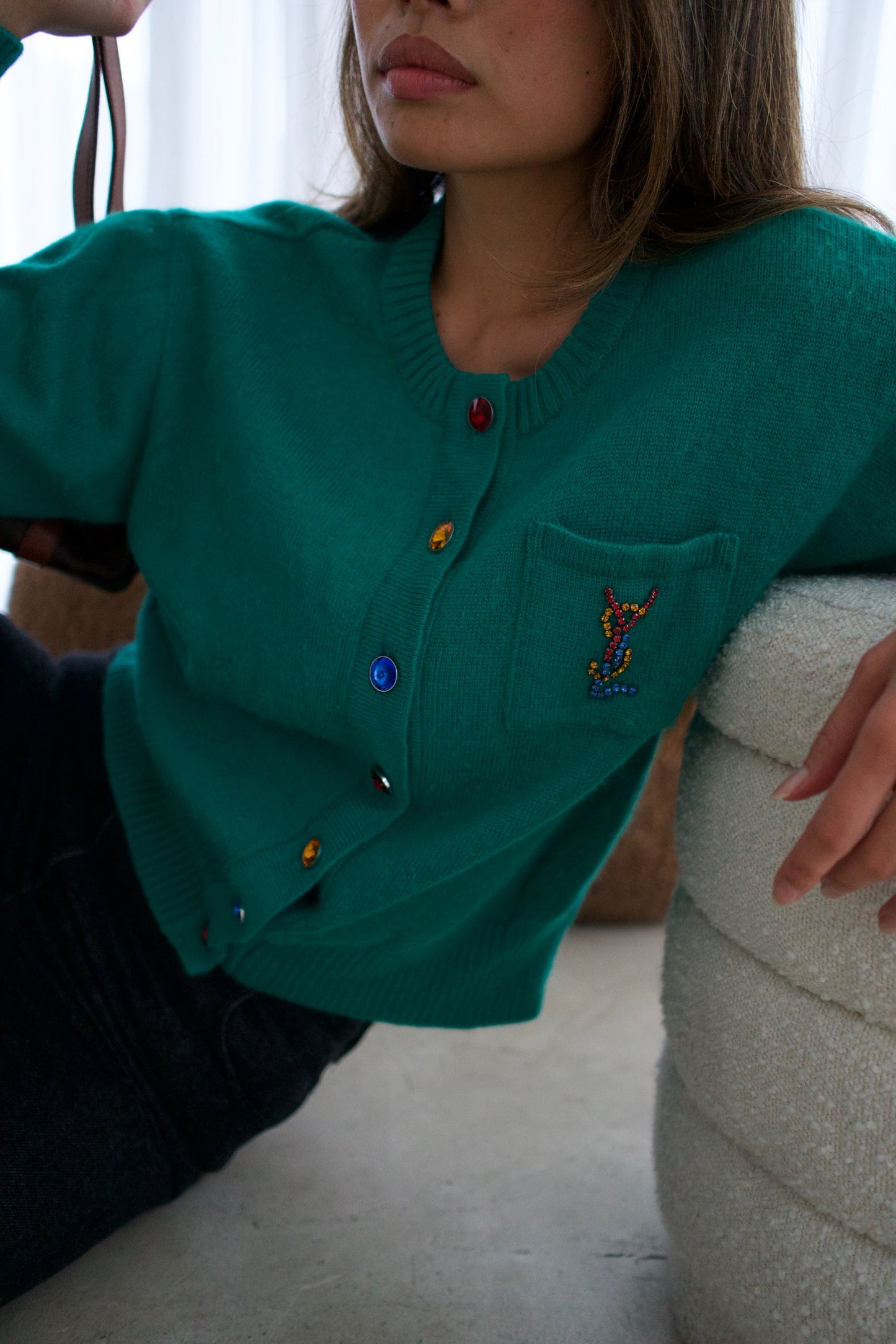 Yves Saint Laurent Green Button Down Gemstone Logo Cardigan
