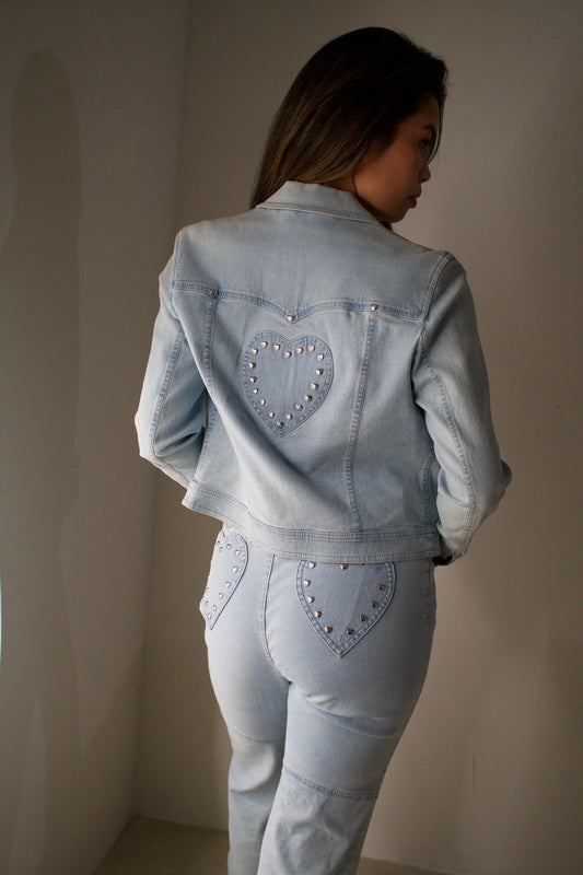 Escada Denim Love Heart Studded Two Piece Jacket Jean Set