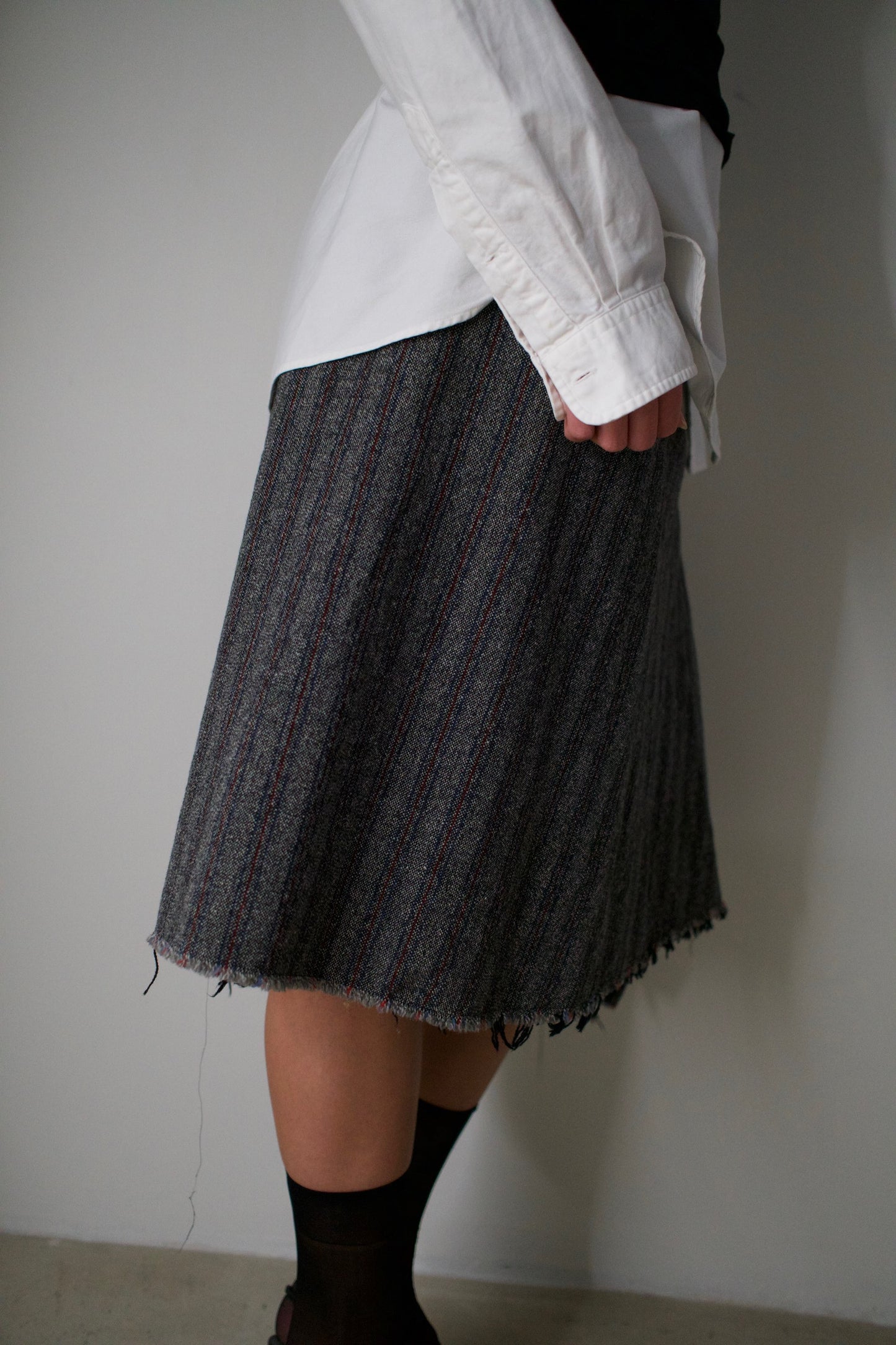 Tricot Comme Des Garcons Stripe Wool Raw Zipper Midi Skirt