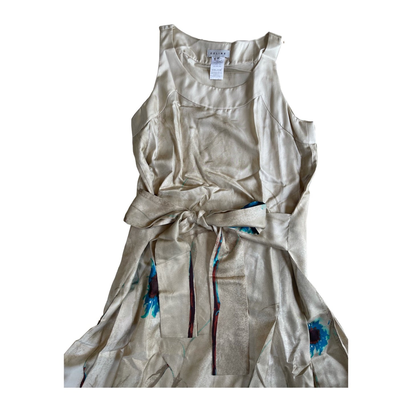 Celine Champagne Pleated Flower Silk Midi Dress