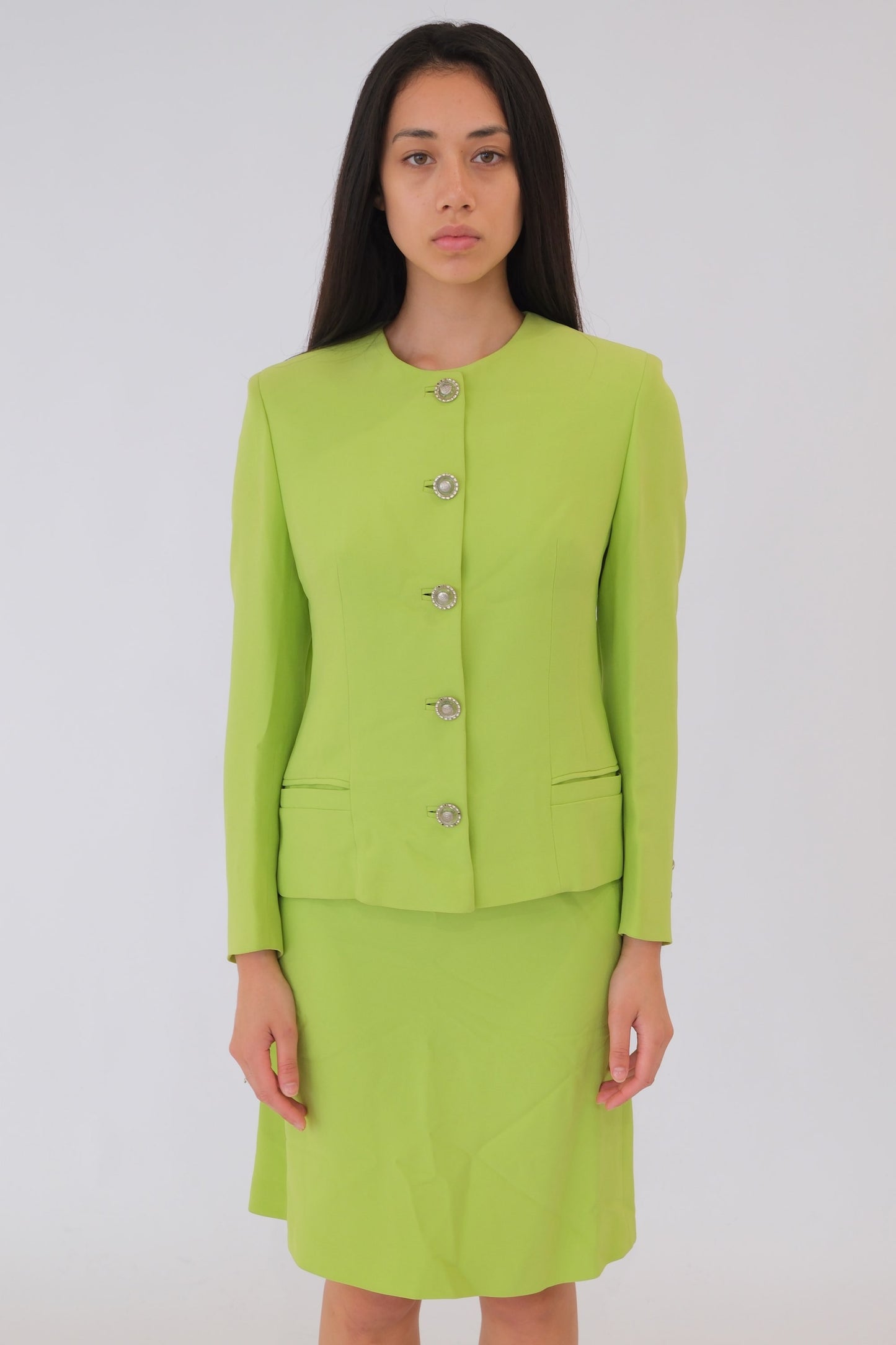 Versace Lime Green Medusa Head Button Skirt Blazer Set
