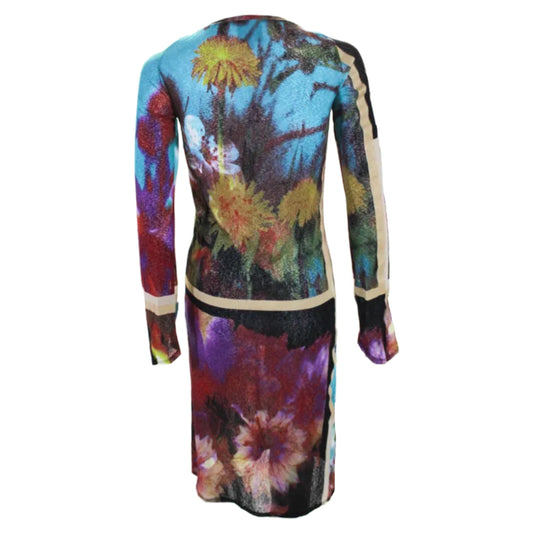 Just Cavalli Graphic Floral Abstract V Neck Ruched LS Midi Dress
