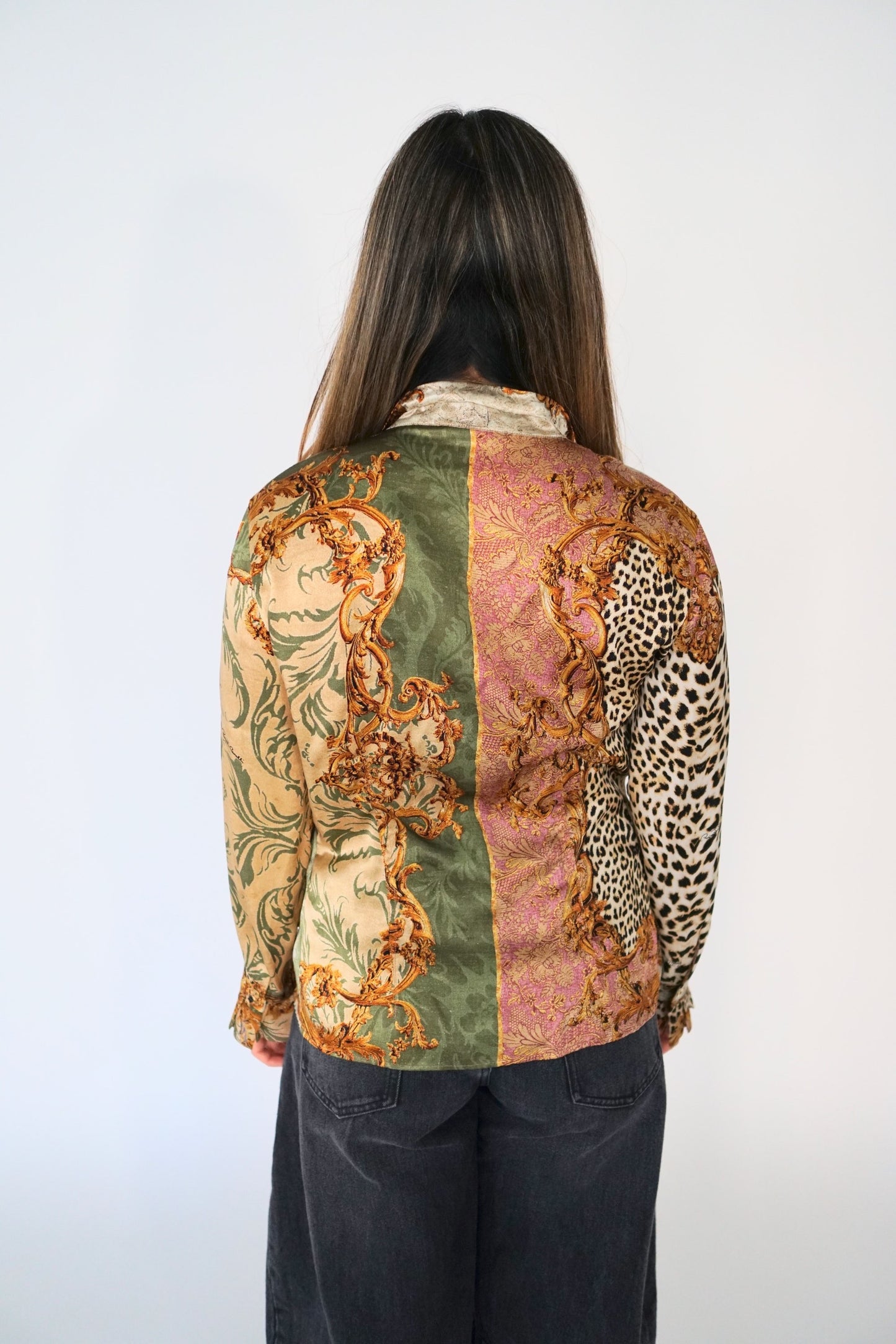 Roberto Cavalli Multi Print Ruffle LS Blouse w Tie