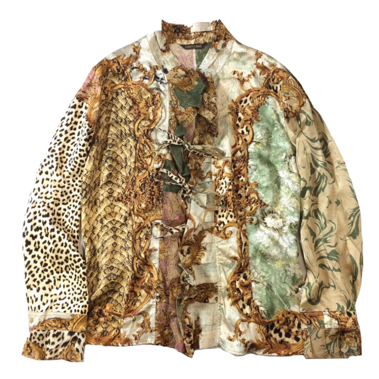 Roberto Cavalli Multi Print Ruffle LS Blouse w Tie