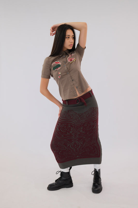 Jean Paul Gaultier Tribal Knit Print Maxi Skirt w Belt